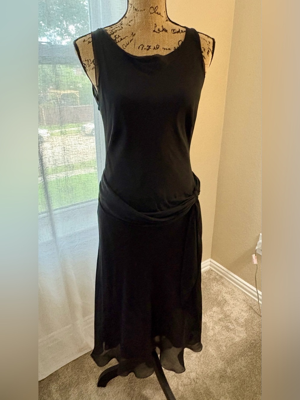 STUDIO M : Black 100% Silk Midi Dress Sleeveless Side Tie Chiffon Hem Elegant